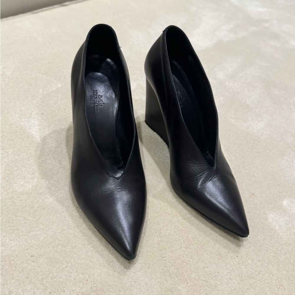 Hermes Black Leather high Wedge Shoes 3.5 inch platform
